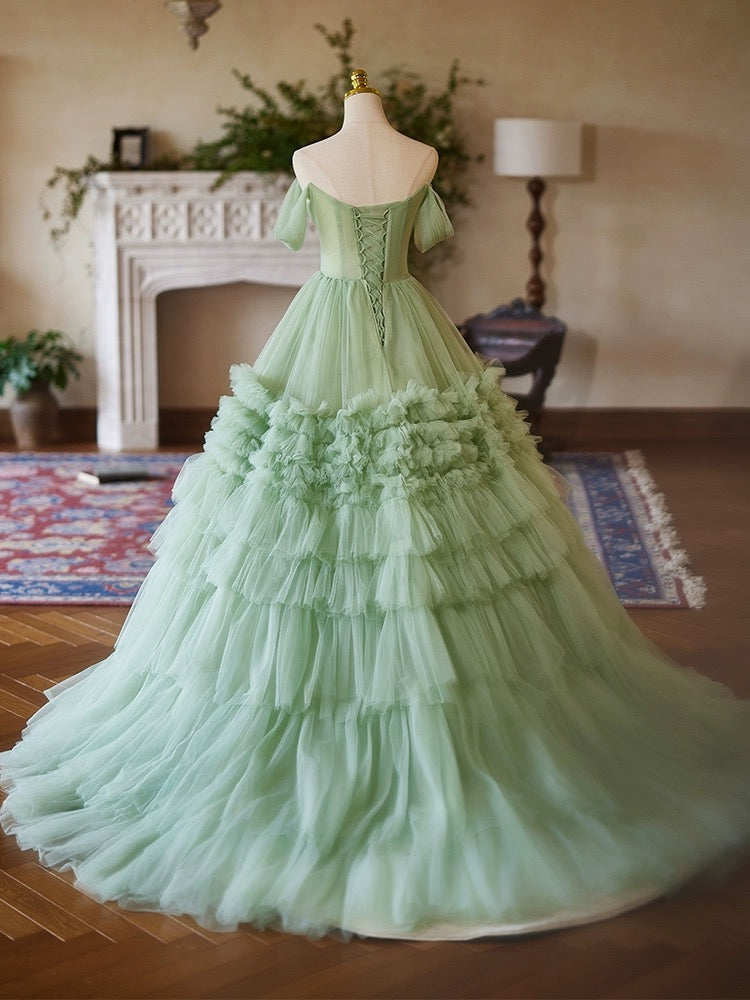 A-Line Off Shoulder Tulle Green Long Prom Dress, Green Long Sweet 16 Dress