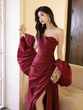 A-Line Taffeta Puff Sleeves Burgundy Long Prom Dress, Burgundy Long Formal Dress