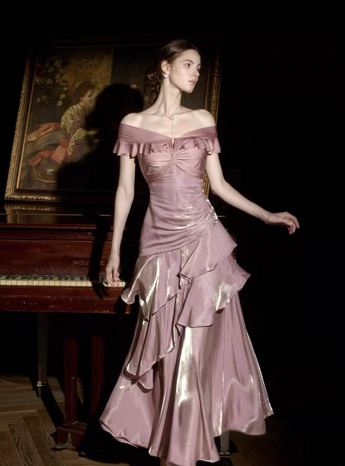 Simple Mermaid Off Shoulder Silk Pink Long Prom Dress