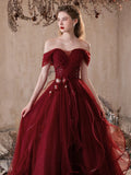 Ball Gown Off Shoulder Tulle Flower Floor Length Burgundy Prom Dress