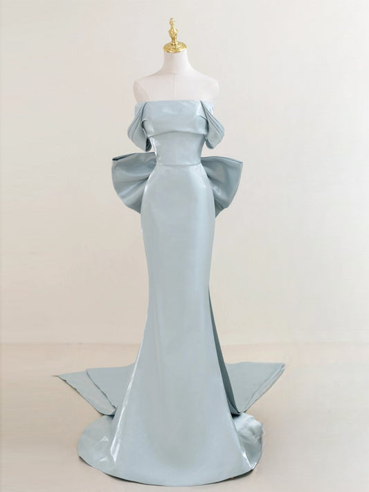 Simple Off Shoulder Satin Blue Long Prom Dress, Blue Long Formal Dress