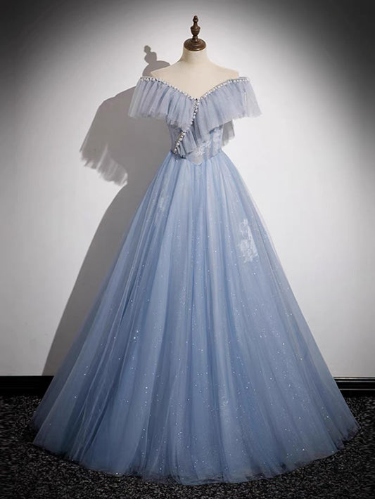 A-Line Off Shoulder Tulle Blue Long Prom Dress, Blue Long Formal Dress