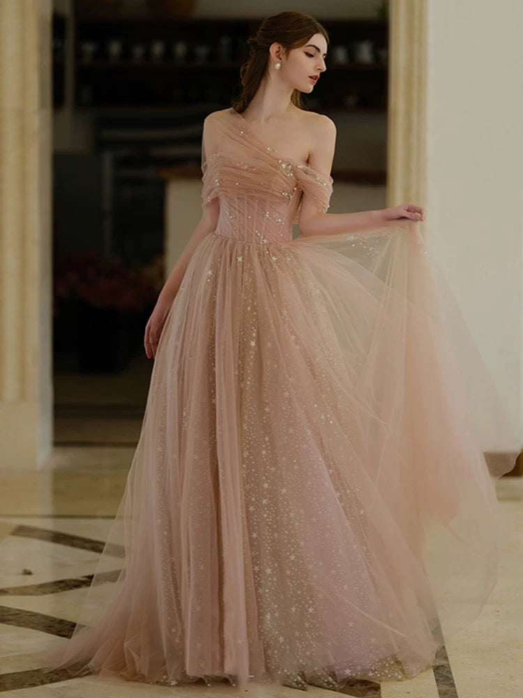 A-Line Off Shoulder Tulle Champagne Long Prom Dress, Champagne Long Formal Dress