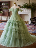 A-Line Off Shoulder Tulle Green Long Prom Dress, Green Long Sweet 16 Dress