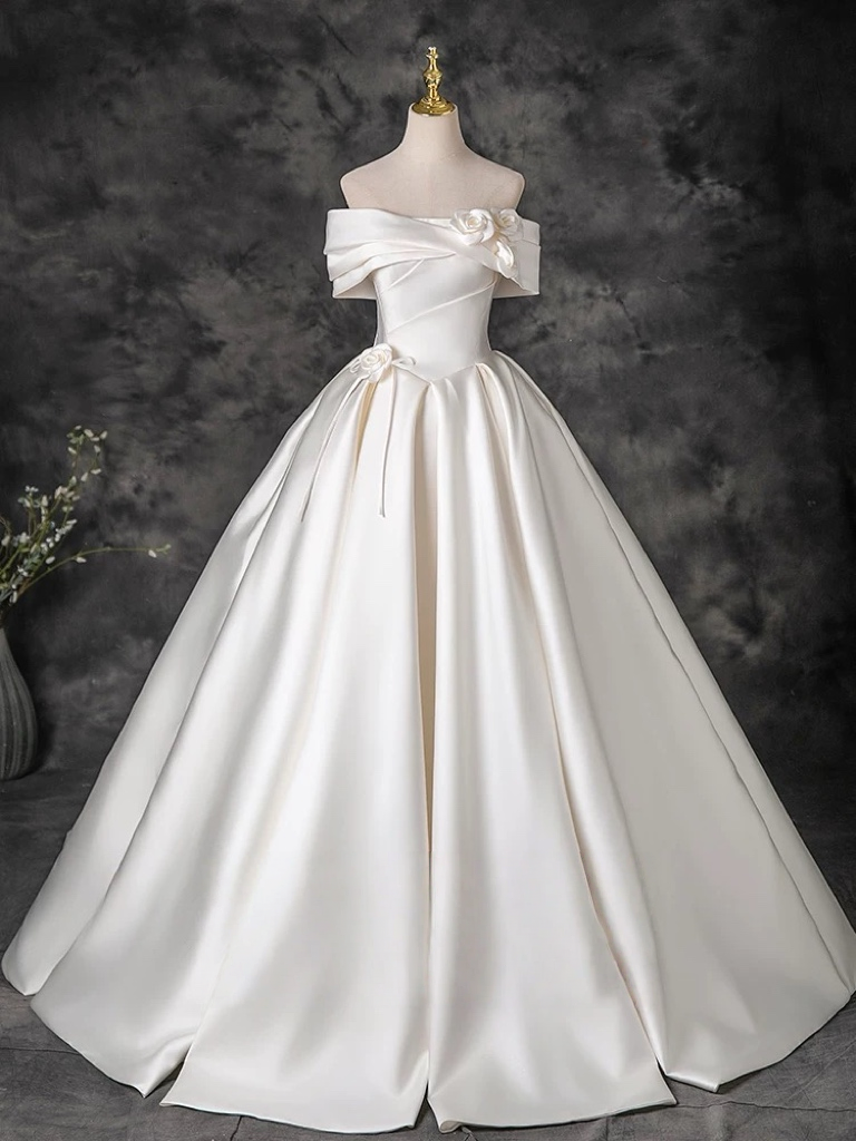 A-Line Off Shoulder Satin ivory Long Prom Dress, ivory Evening Dress