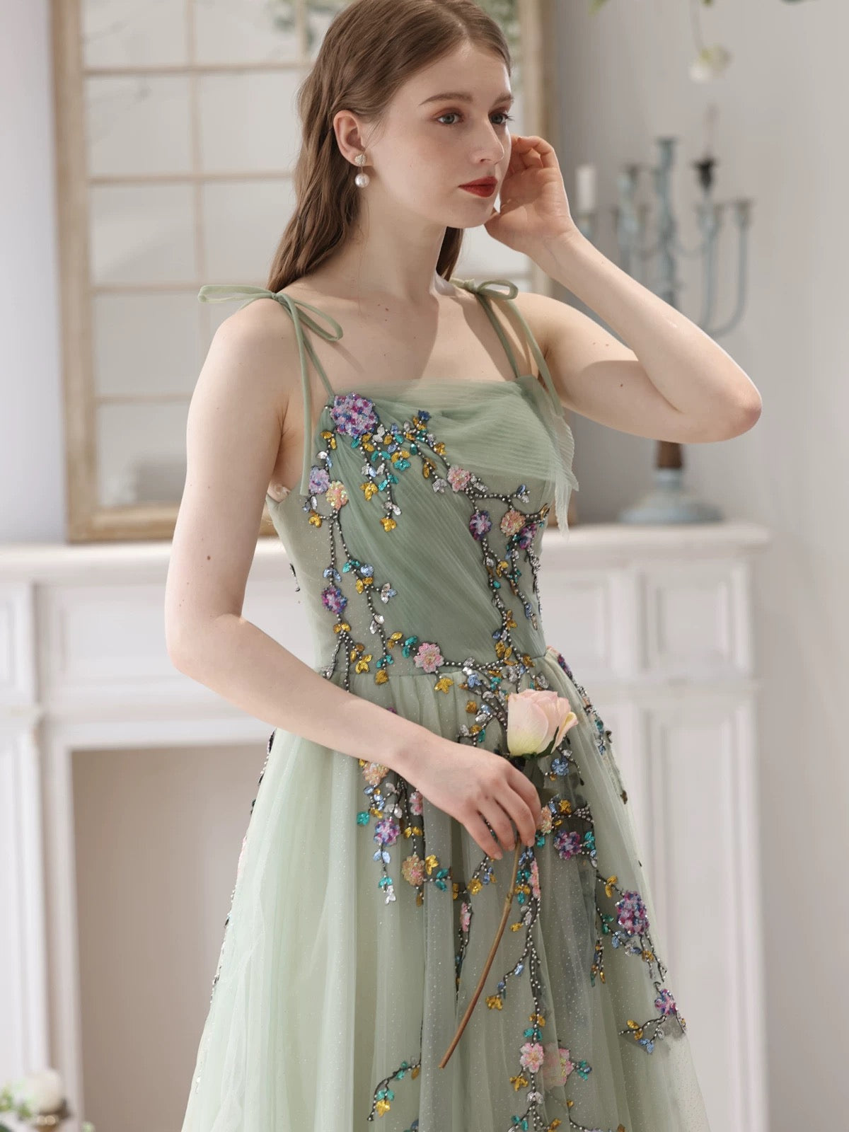 A-Line Tulle Beads Green Long Prom Dress, Green Long Formal Dress dresstby A-Line Tulle Beads Green Long Prom Dress, Green Long Formal Dress dresstby