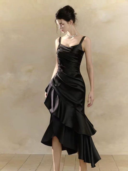 Simple V Neck Mermaid Satin Tea Length Black Prom Dress