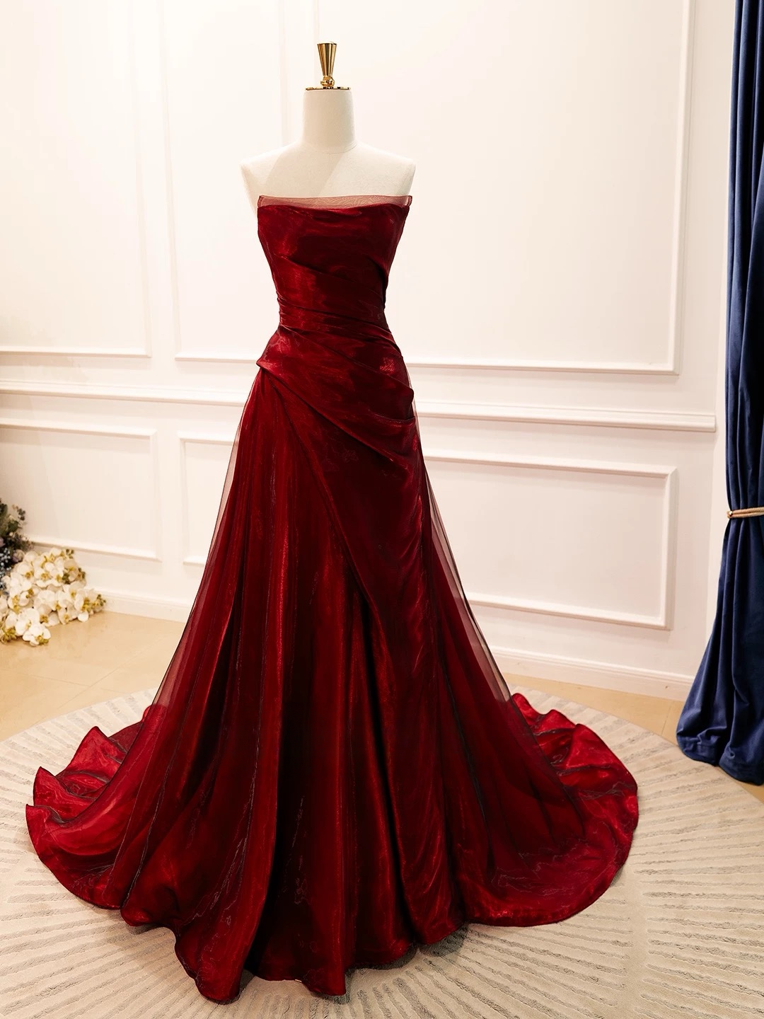A-Line Organza Satin Sweep Train Burgundy Long Prom Dress
