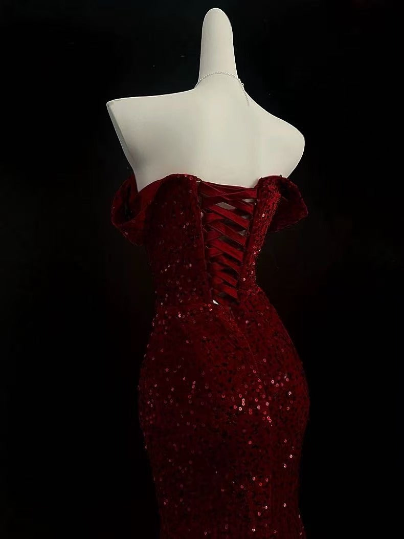 Mermaid Sweetheart Off Shoulder velvet Sequin Long Prom Dress
