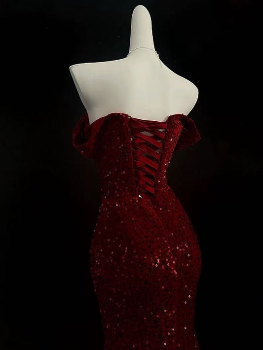 Mermaid Sweetheart Off Shoulder velvet Sequin Long Prom Dress