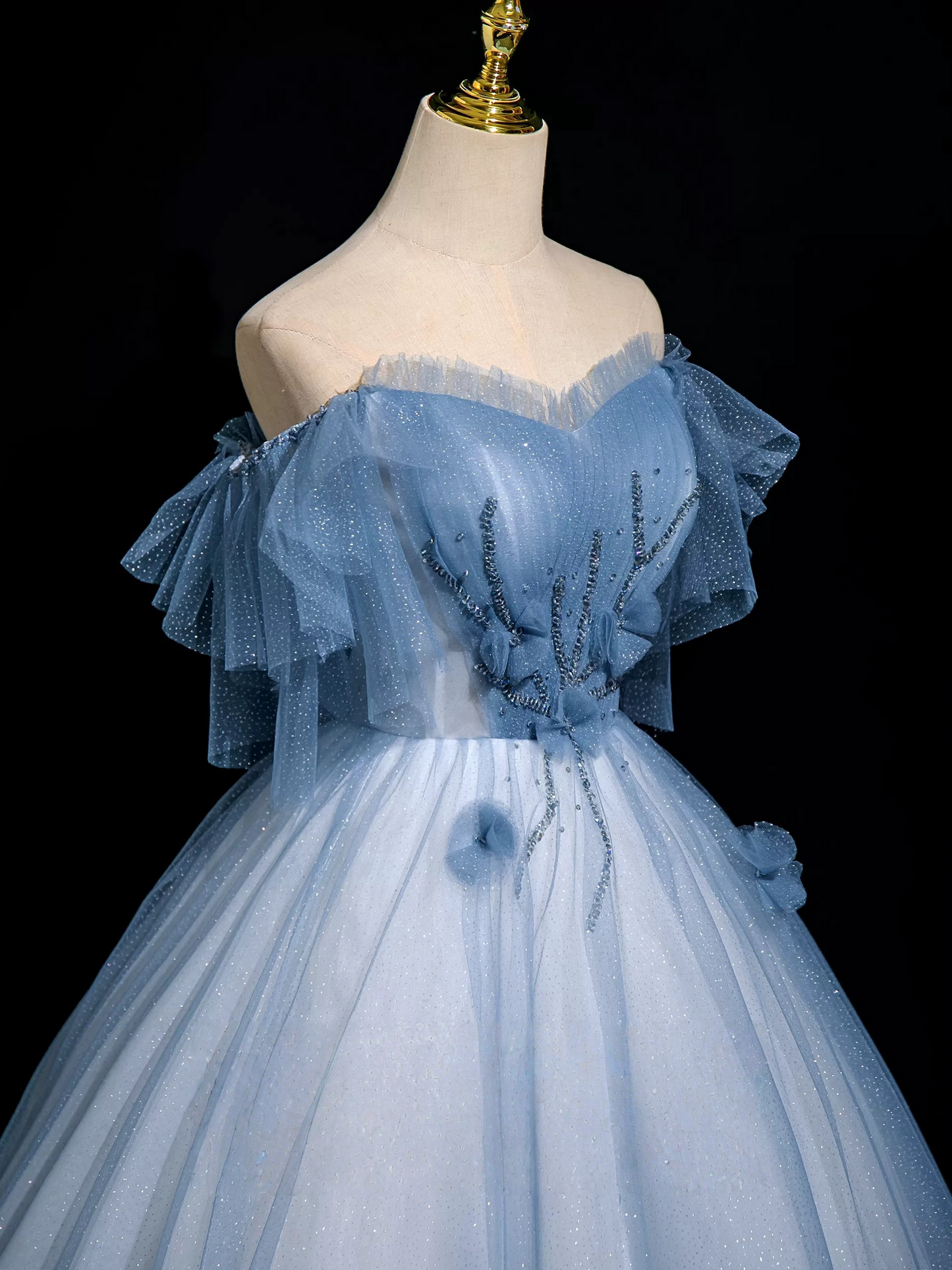 A-Line Tulle Sequin Gray Blue Long Prom Dress, Gray Blue Long Prom Dress