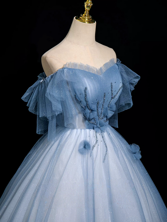 A-Line Tulle Sequin Gray Blue Long Prom Dress, Gray Blue Long Prom Dress