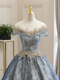 A-Line Round Neck Tulle Sequin Lace Blue Long Prom Dress, Blue Long Formal Dress