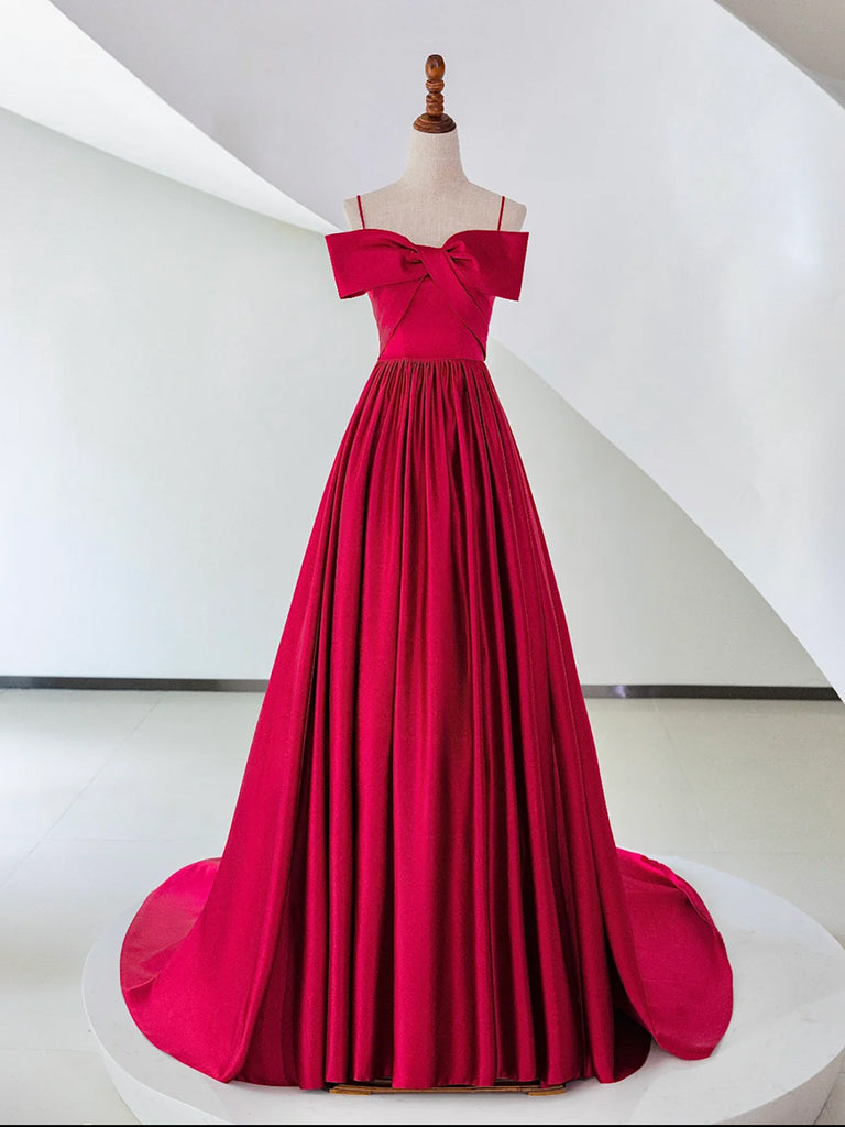 A-Line Off Shoulder Satin Red Long Prom Dress, Satin Long Formal Dress