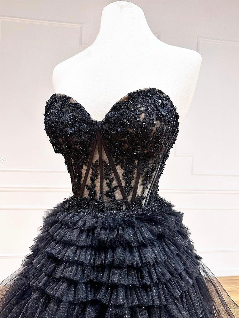 Black Sweetheart Neck Tulle Lace Long Prom Dress, Black Formal Evening Dress