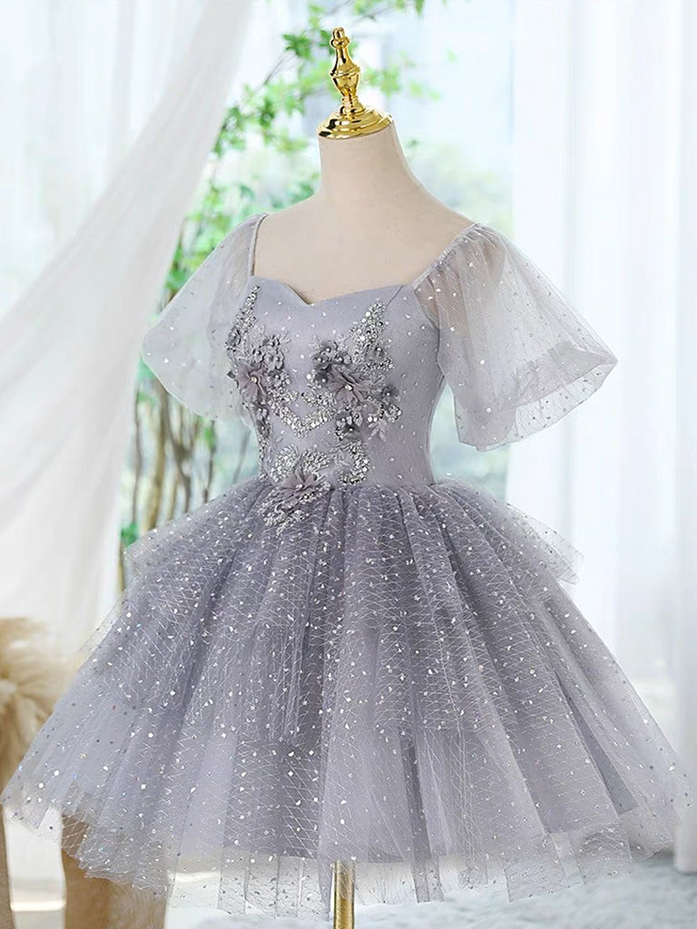 Cute A-line Tulle Lace Short Prom Dress, Gray Homecoming Dress