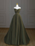 A-Line V Neck Satin Green Long Prom Dress, Green Long Evening Dress