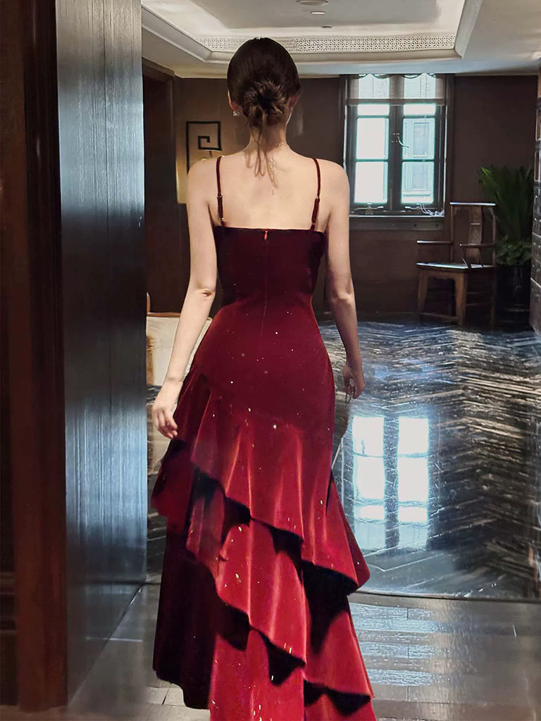 A-Line Floor Length Velvet Ruffles Burgundy Prom Dress