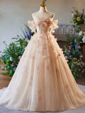 A-Line Off Shoulder Tulle Champagne Long Prom Dress, Champagne Long Formal Dress