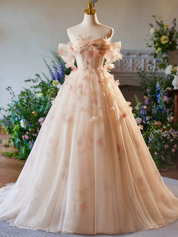 A-Line Off Shoulder Tulle Champagne Long Prom Dress, Champagne Long Formal Dress