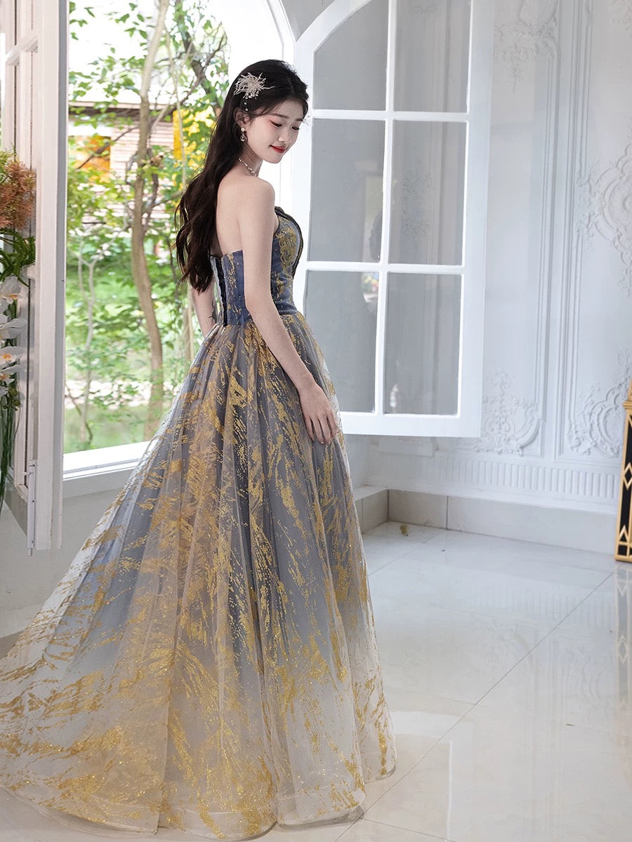 A-Line Tulle Sequin Blue/Gold Long Prom Dress, Blue/Gold Long Formal Dress