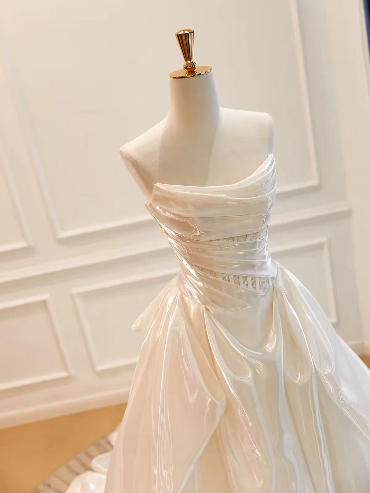 A-line Organza irregular Sweep Train Ivory Long Prom Dress