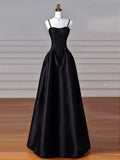 A-Line Sweetheart Neck Satin Black Long Prom Dress, Black Long Evening Dress