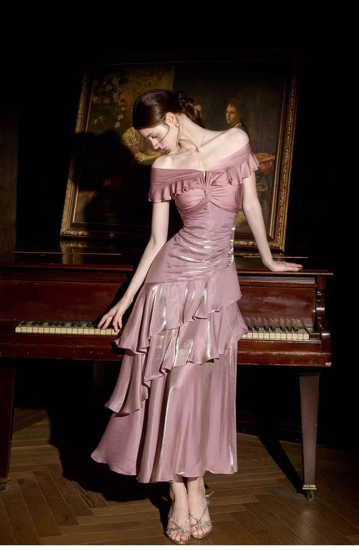 Simple Mermaid Off Shoulder Silk Pink Long Prom Dress