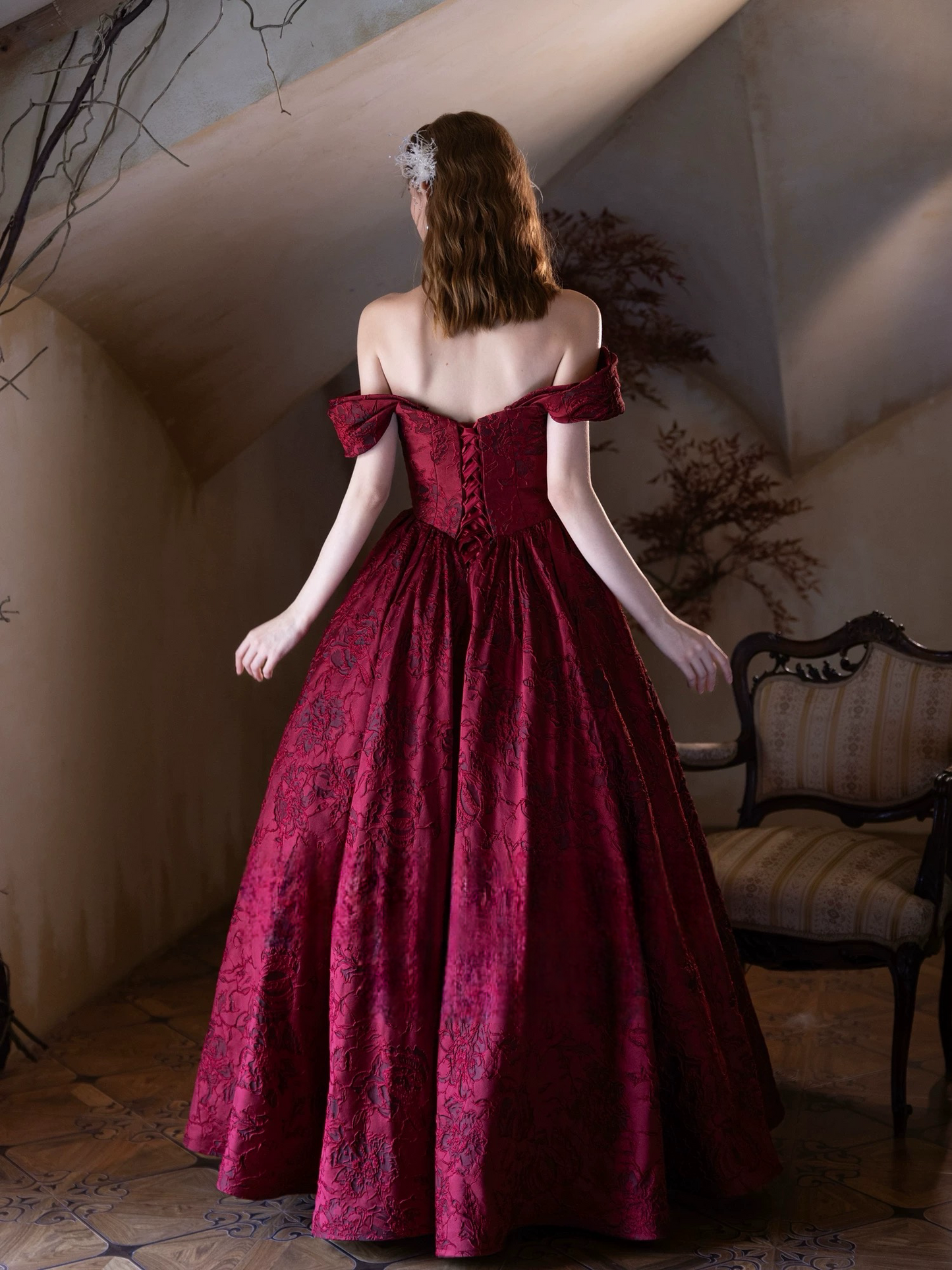 A-Line Off Shoulder Printed Satin Burgundy Long Prom Dress, Burgundy L dresstby A-Line Off Shoulder Printed Satin Burgundy Long Prom Dress, Burgundy L dresstby