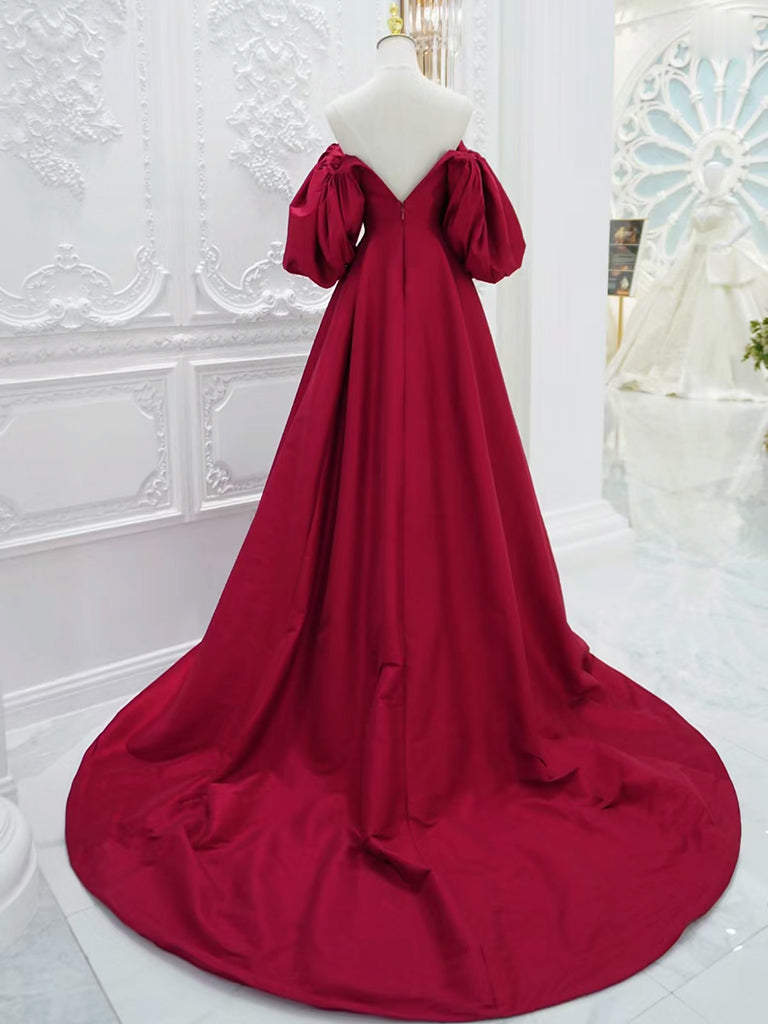 Red V Neck Satin Long Prom Dress, Red Puff Sleeves Satin Long Formal Dress