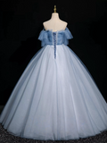 A-Line Tulle Sequin Gray Blue Long Prom Dress, Gray Blue Long Prom Dress