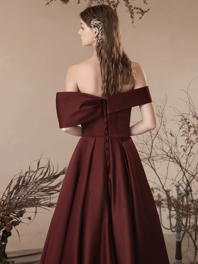 A-Line Off Shoulder Satin Burgundy Long Prom Dress, Burgundy Long Formal Dress