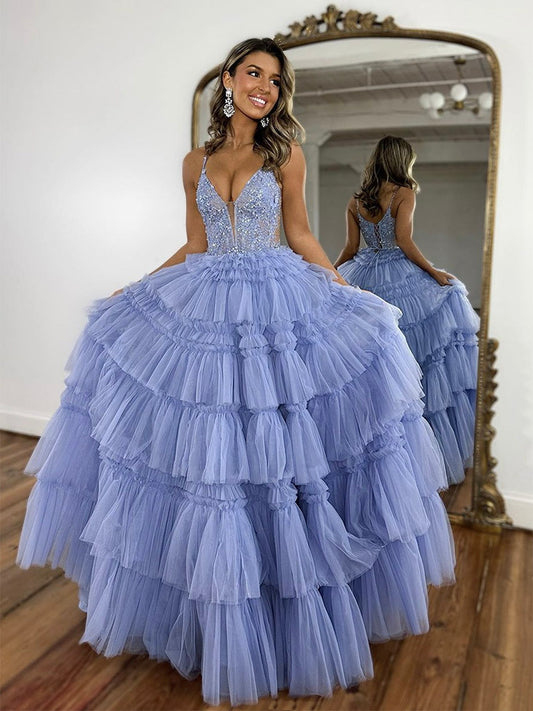 Blue V Neck Lace Tulle Long Prom Dress, Blue Long Graduation Dress