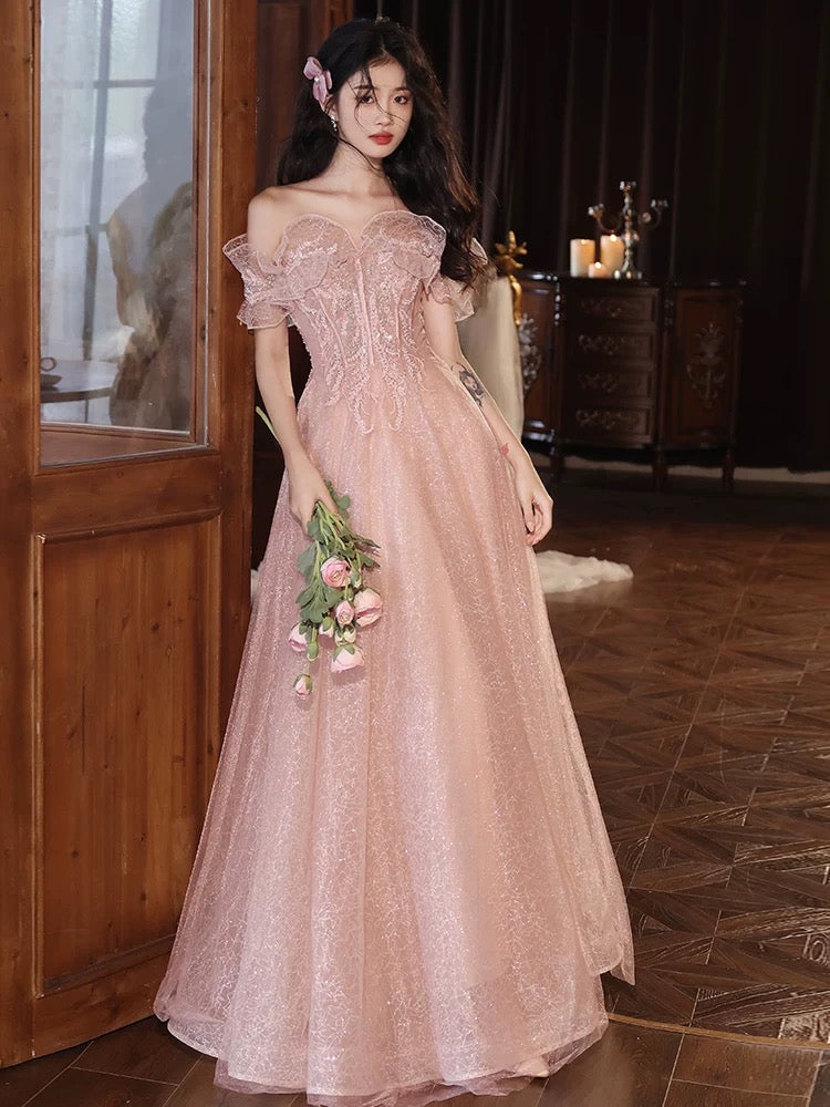 A-Line Off Shoulder Tulle Sequin Pink Long Prom Dress, Pink Long Formal Dress