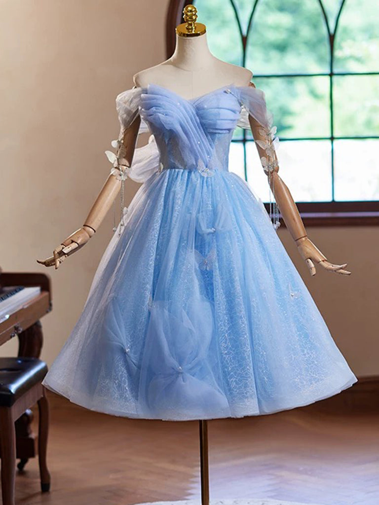 A-Line Sweetheart Neck Tulle Blue Short Prom Dress, Blue Homecoming Dress