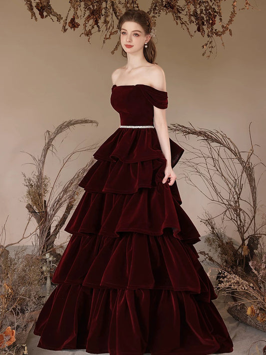 A-Line Off Shoulder Velvet Burgundy Long Prom Dress, Burgundy Long Formal Dress