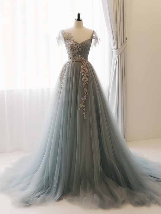 A-Line Sweetheart Neck Tulle Lace Gray Blue Long Prom Dress, Gray Blue Formal Dress