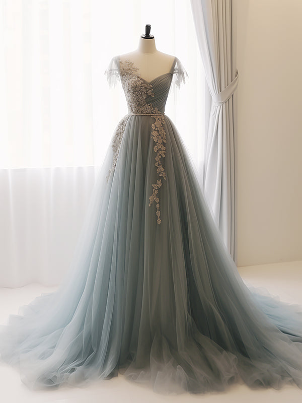 A-Line Sweetheart Neck Tulle Lace Gray Blue Long Prom Dress, Gray Blue