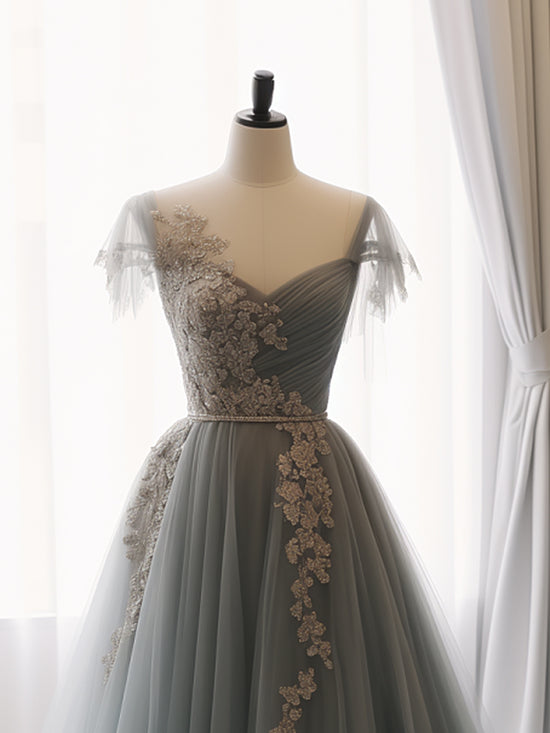 A-Line Sweetheart Neck Tulle Lace Gray Blue Long Prom Dress, Gray Blue