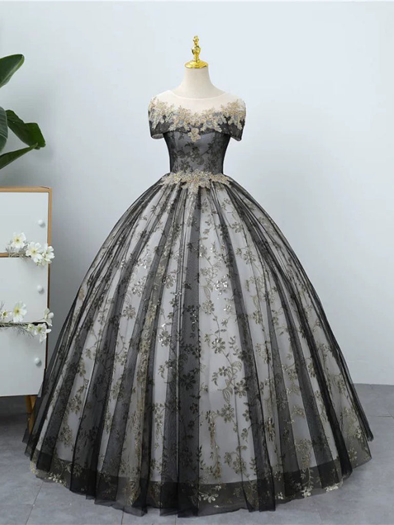 A-Line Round Neck Tulle Sequin Lace Blue Long Prom Dress, Blue Long Formal Dress