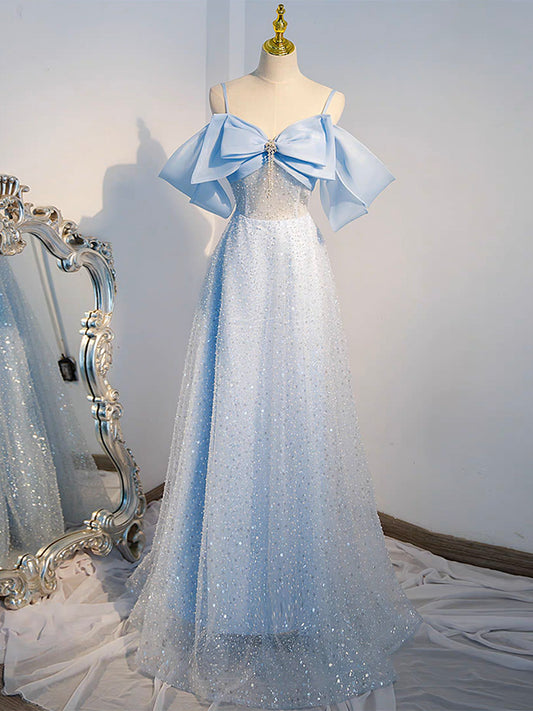 A-Line Tulle Sequin Blue Long Prom Dress, Blue Long Formal Dress