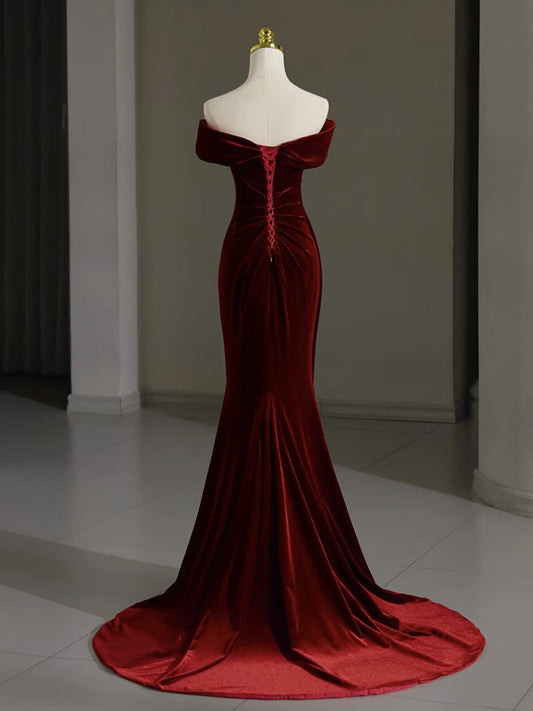 Simple Off Shoulder Velvet Burgundy Long Prom Dress, Mermaid Long Formal Dress