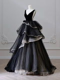 Black V Neck Tulle Velvet Long Prom Dress, Black Long Formal Dress