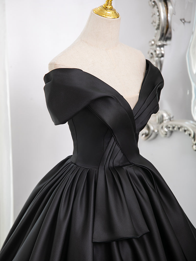 A-Line V Neck Off Shoulder Satin Black Long Prom Dress, Black Long Formal Dress