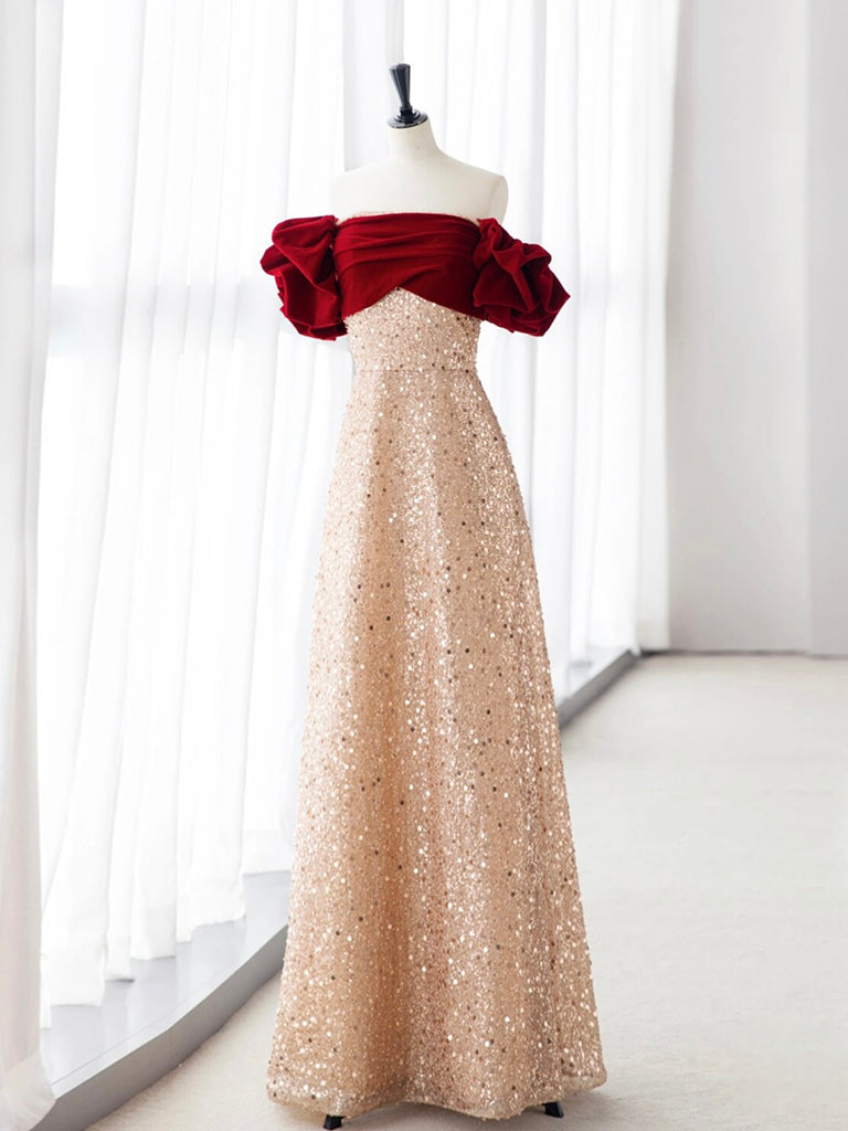 Champagne A-Line velvet Long Prom Dress, Champagne Tulle Sequin Long Formal Dress