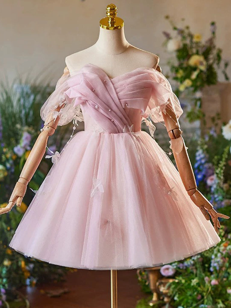 A-Line Off Shoulder Tulle Pink Short Prom Dress, Pink Homecoming Dress