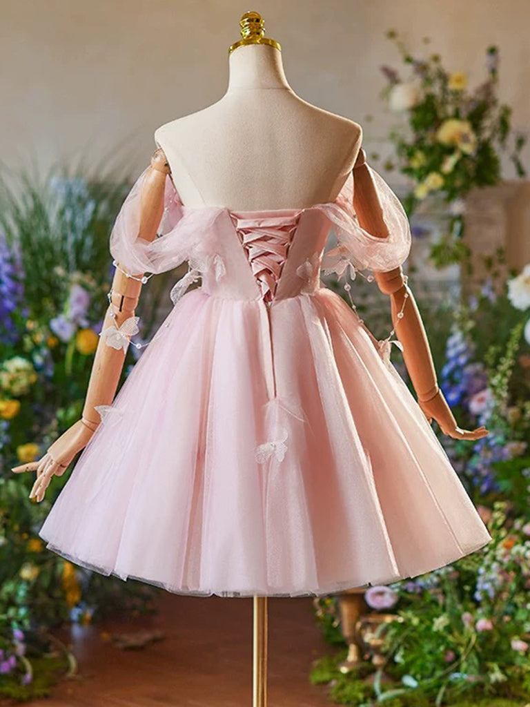 A-Line Off Shoulder Tulle Pink Short Prom Dress, Pink Homecoming Dress A-Line Off Shoulder Tulle Pink Short Prom Dress, Pink Homecoming Dress