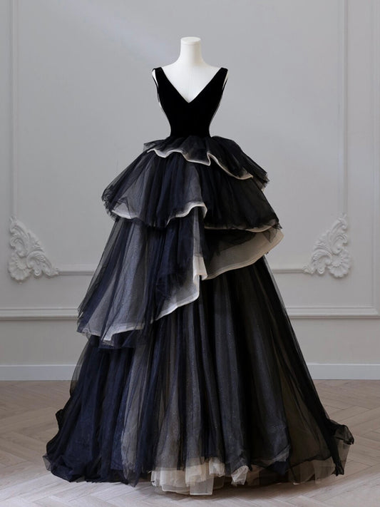 Black V Neck Tulle Velvet Long Prom Dress, Black Long Formal Dress