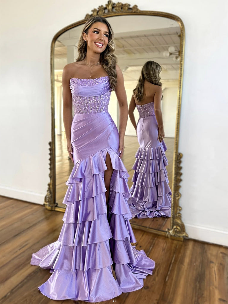 Mermaid Satin Lace purple Long Prom Dress, Mermaid Long Formal Dress