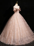 A-Line Off Shoulder Tulle Lace Pink Long Prom Dress, Pink Long Formal Dress